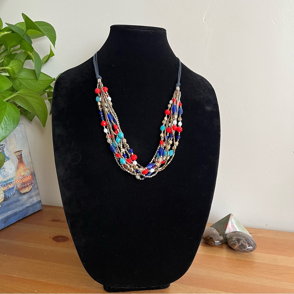 Loft Multi-strand necklace multicolor beads navy blue cord unsigned